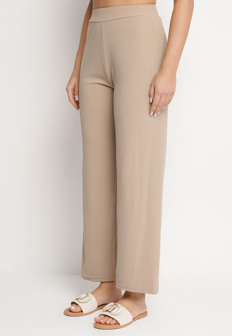 glo-story Pantaloni Bej închis Rebrate Largi Cu elastic în talie Drasia