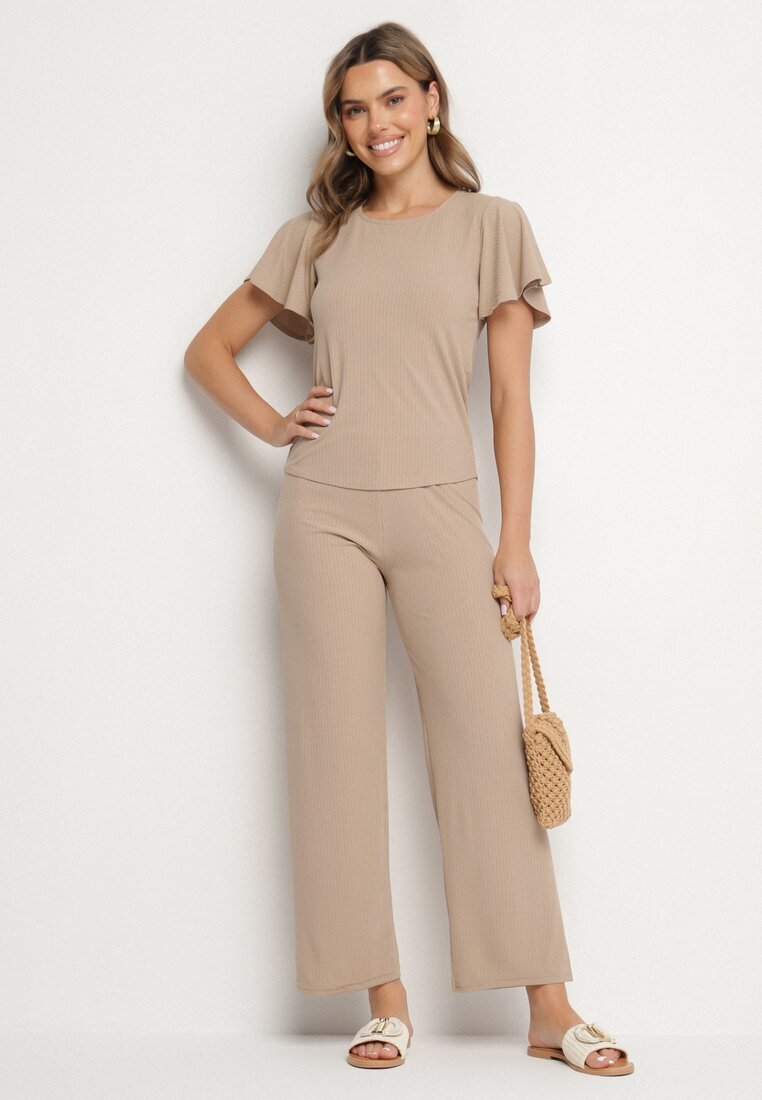 glo-story Pantaloni Bej închis Rebrate Largi Cu elastic în talie Drasia