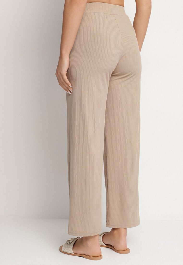 glo-story Pantaloni Bej închis Rebrate Largi Cu elastic în talie Drasia