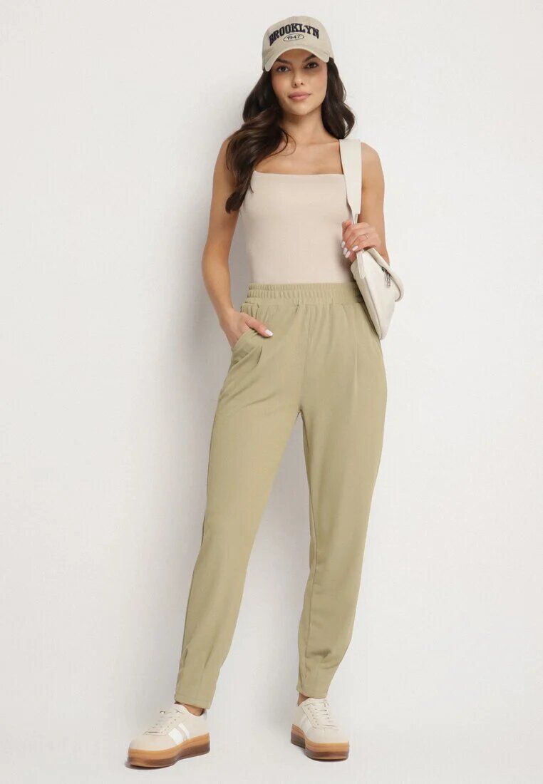 glo-story Pantaloni Casual Verde deschis cu elastic în talie și buzunare Tevinea