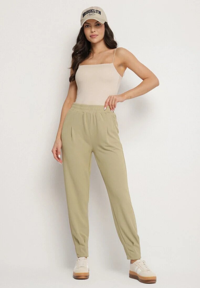 glo-story Pantaloni Casual Verde deschis cu elastic în talie și buzunare Tevinea