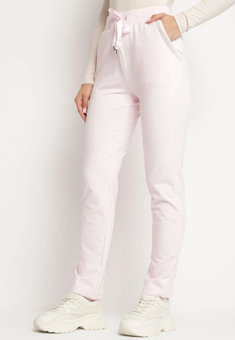 glo-story Pantaloni de trening roz tricotați cu elastic decorați cu zirconii Trasia