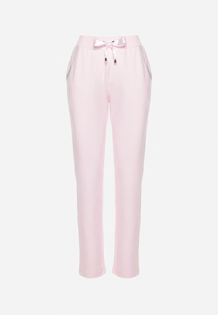 glo-story Pantaloni de trening roz tricotați cu elastic decorați cu zirconii Trasia