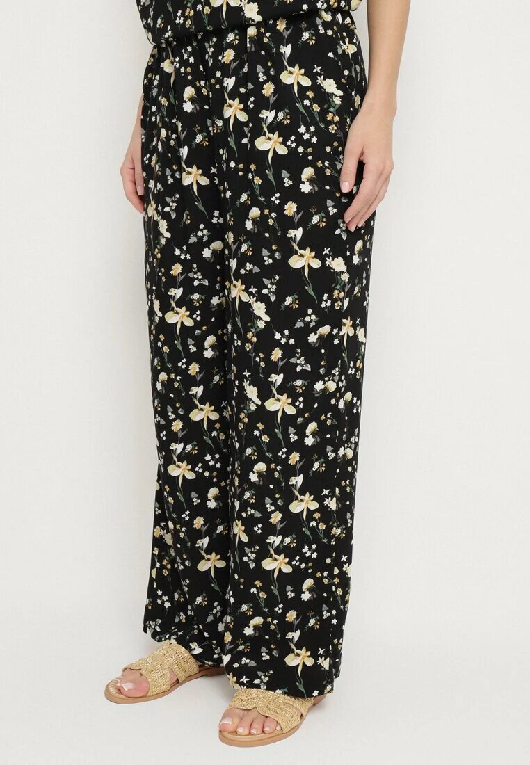 glo-story Pantaloni Negre cu Talie Înaltă cu Imprimeu Floral Borsedi