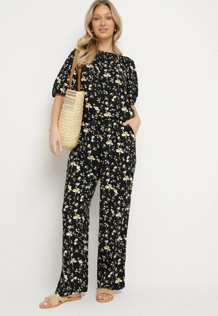 glo-story Pantaloni Negre cu Talie Înaltă cu Imprimeu Floral Borsedi