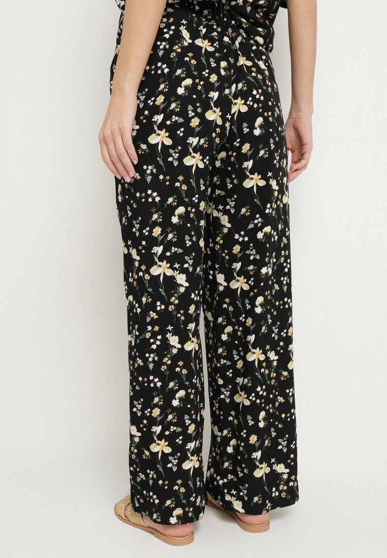 glo-story Pantaloni Negre cu Talie Înaltă cu Imprimeu Floral Borsedi