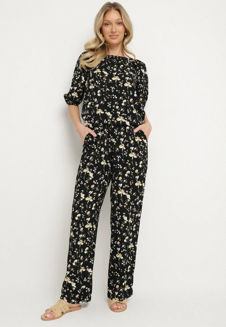 glo-story Pantaloni Negre cu Talie Înaltă cu Imprimeu Floral Borsedi