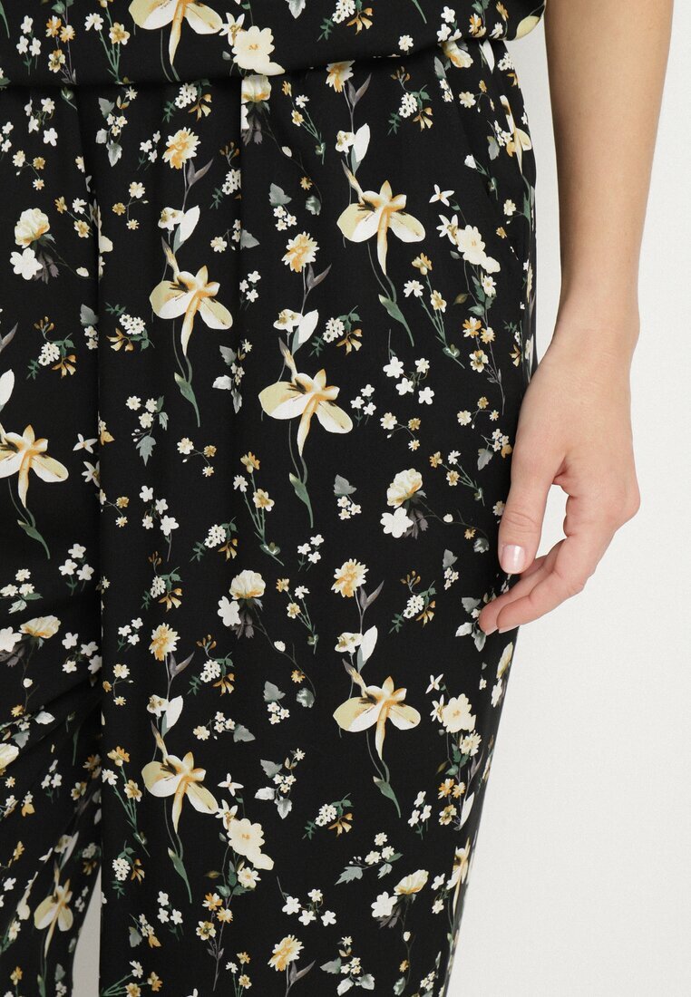 glo-story Pantaloni Negre cu Talie Înaltă cu Imprimeu Floral Borsedi
