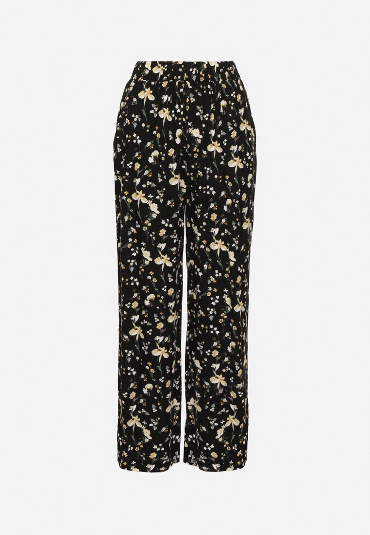 glo-story Pantaloni Negre cu Talie Înaltă cu Imprimeu Floral Borsedi