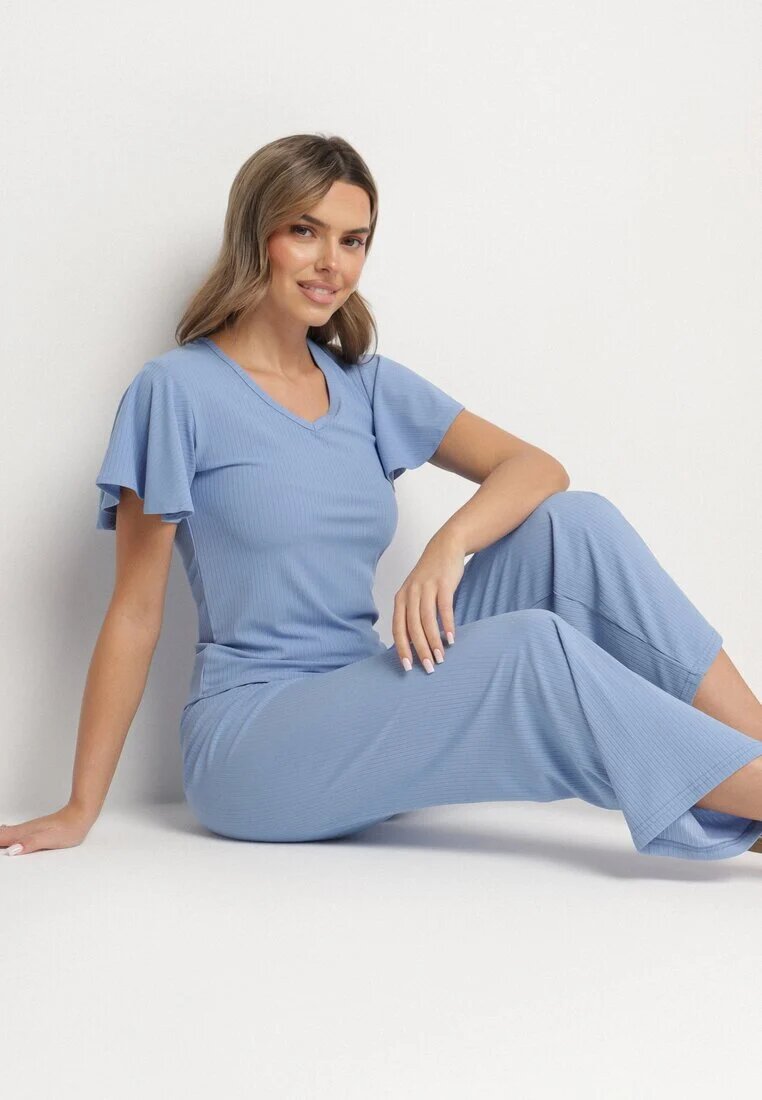 glo-story Pantaloni Reiați Largi Albaștri Cu Elastic În Talie Drasia