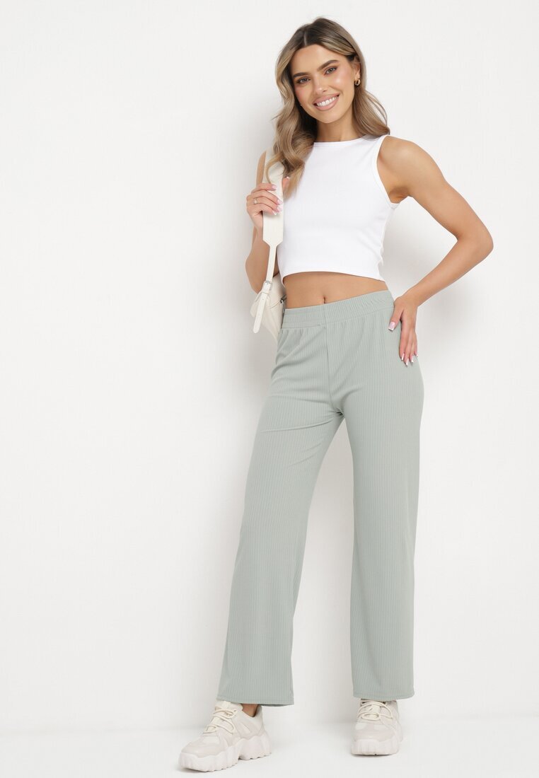 glo-story Pantaloni Verzi Striati Largi cu elastic în talie Drasia