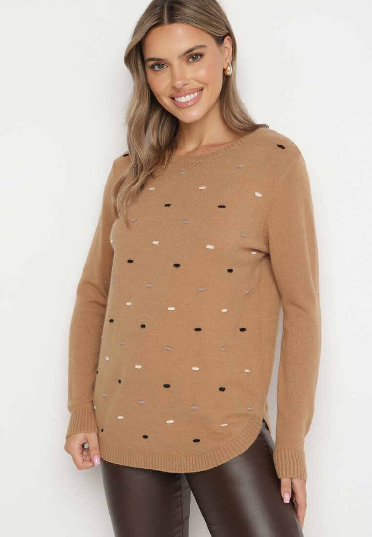 glo-story Pulover Bej închis Clasic cu Broderii Decorative în Față Rerilaine