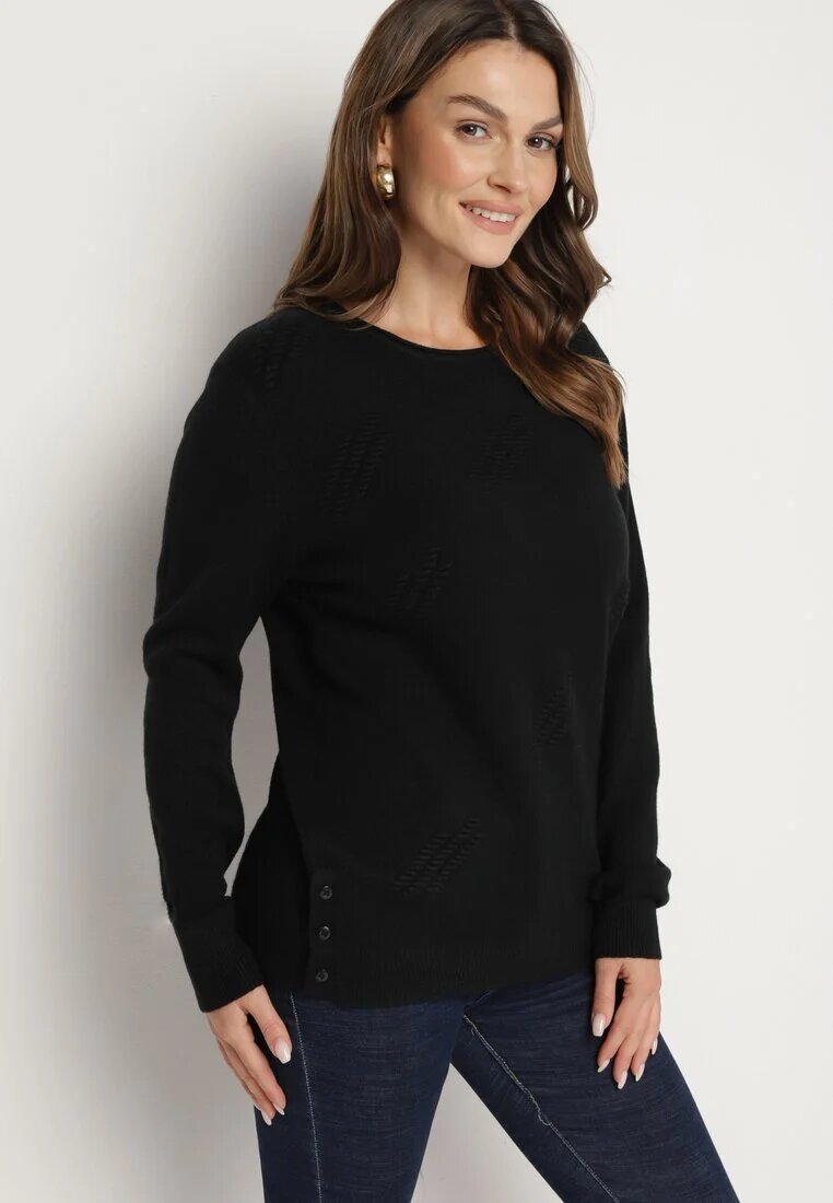 glo-story Pulover Negru Clasic Decorat pe Laterale cu Nasturi Lorethiel