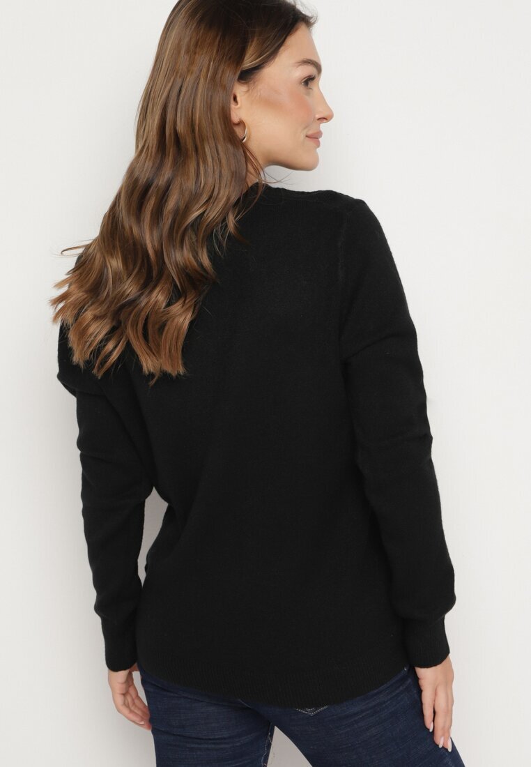 glo-story Pulover Negru Clasic Decorat pe Laterale cu Nasturi Lorethiel