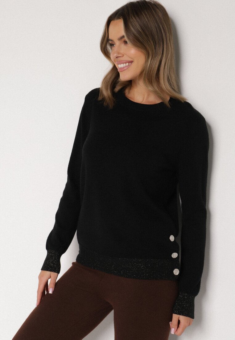 glo-story Pulover Negru cu Nasturi pe Lateral Tusiana