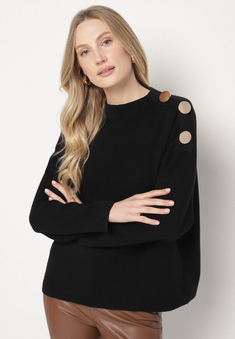 glo-story Pulover Negru Decorat cu Nasturi Metalici Amentia