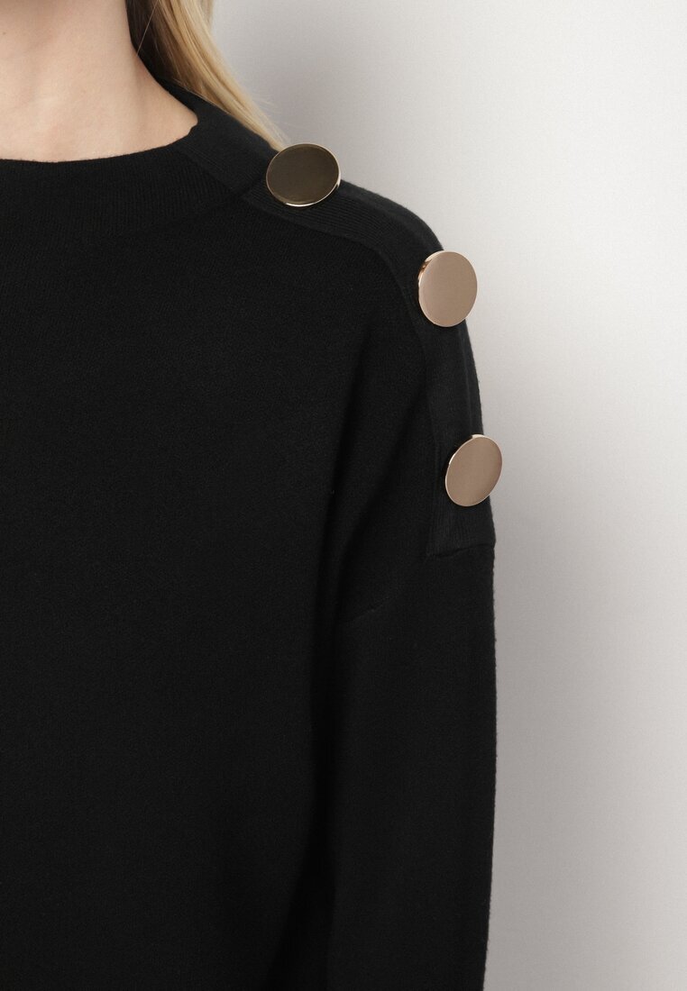 glo-story Pulover Negru Decorat cu Nasturi Metalici Amentia