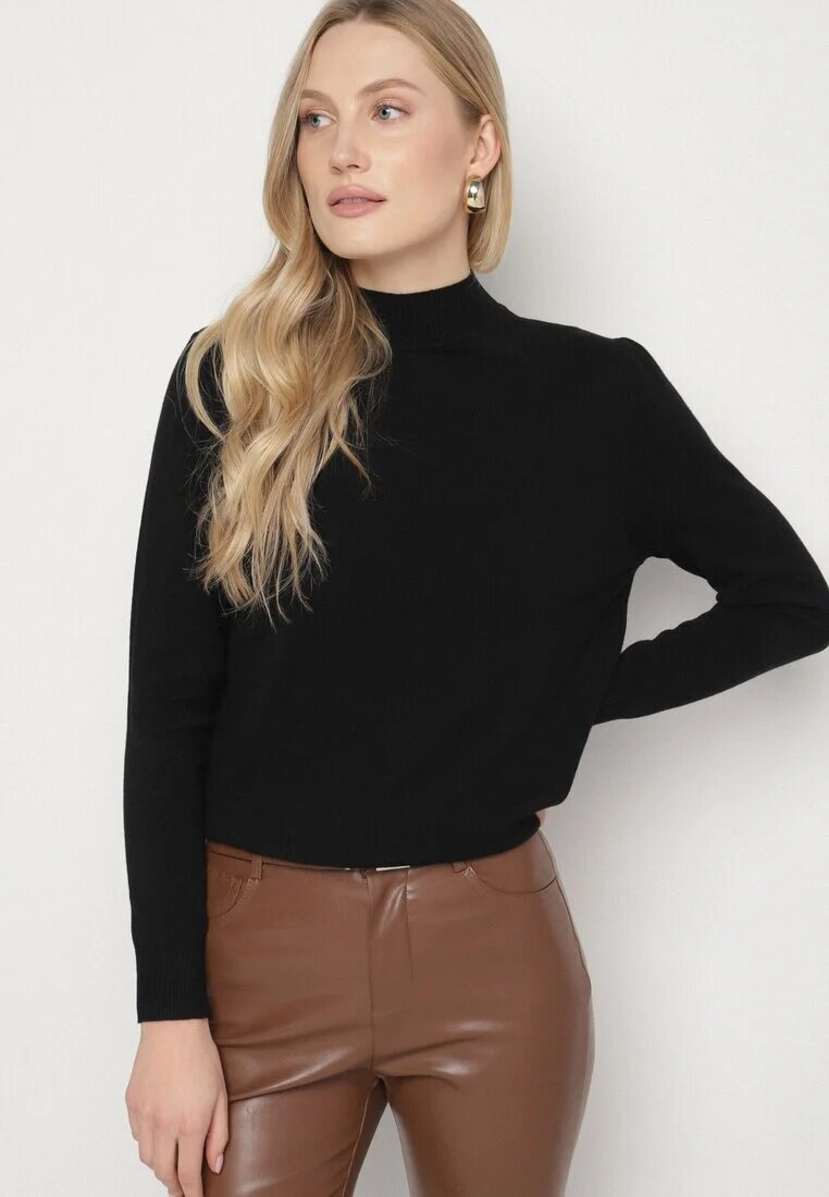 glo-story Pulover Negru Neted cu semi-guler în stil casual Unallia