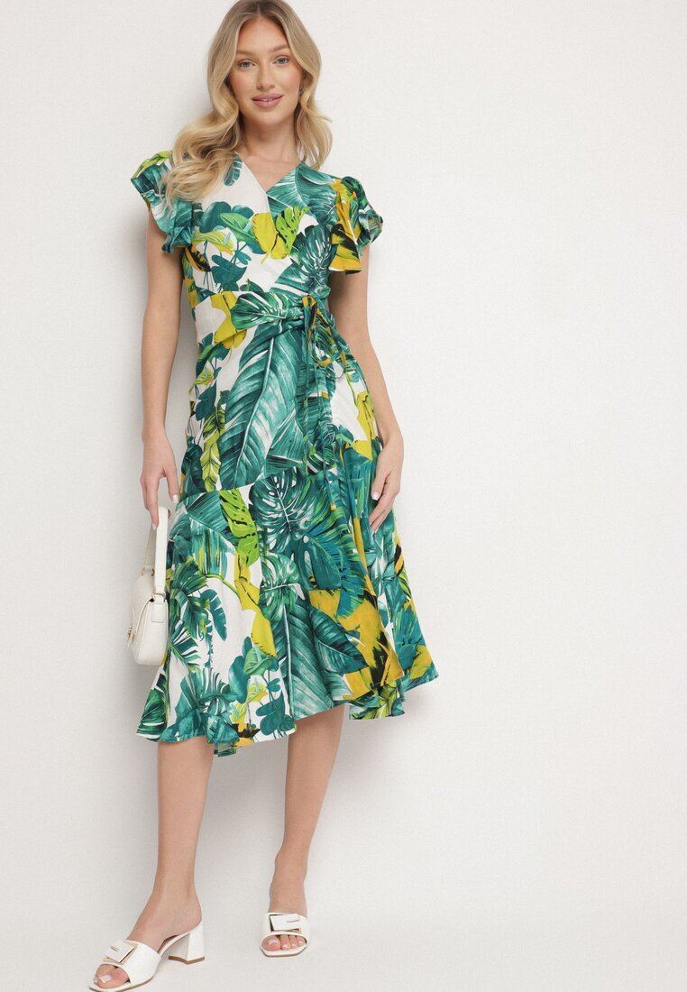 glo-story Rochie Cloș Verde cu Legătură cu Imprimeu Floral Janitaie