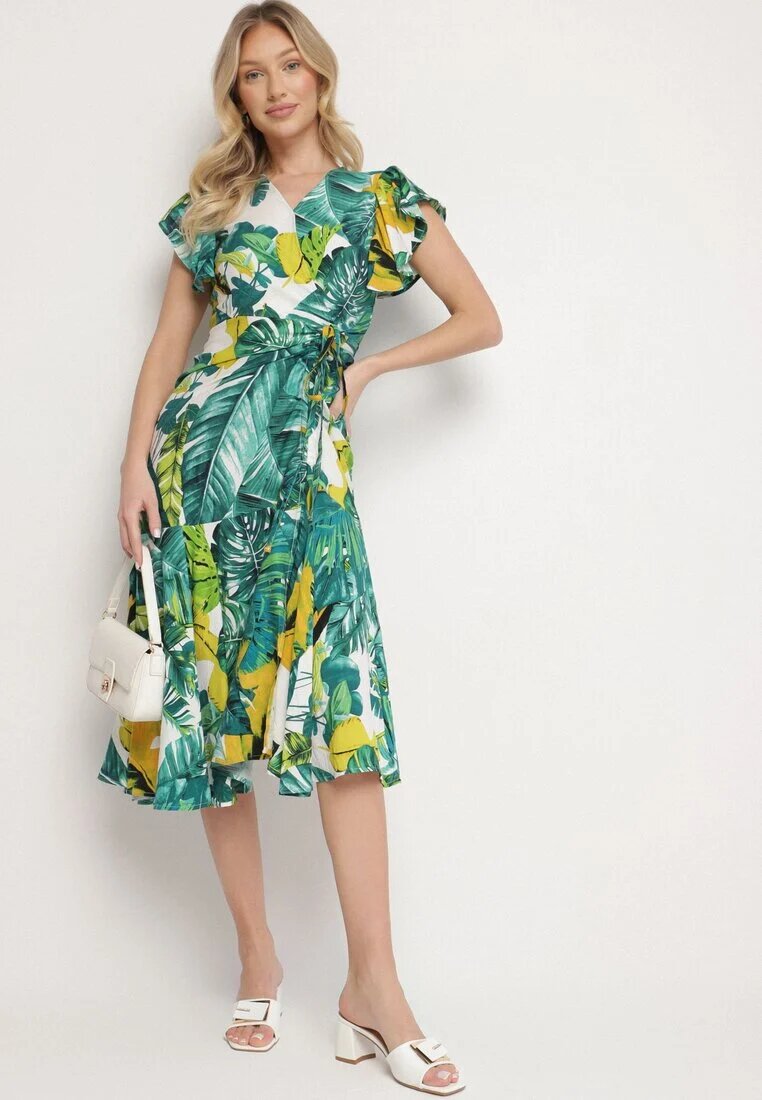 glo-story Rochie Cloș Verde cu Legătură cu Imprimeu Floral Janitaie