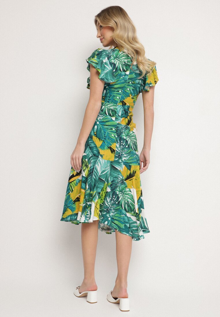 glo-story Rochie Cloș Verde cu Legătură cu Imprimeu Floral Janitaie