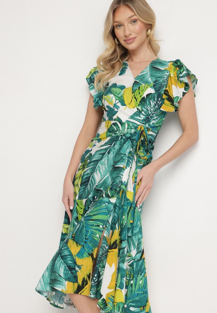 glo-story Rochie Cloș Verde cu Legătură cu Imprimeu Floral Janitaie