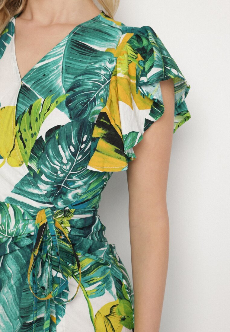 glo-story Rochie Cloș Verde cu Legătură cu Imprimeu Floral Janitaie