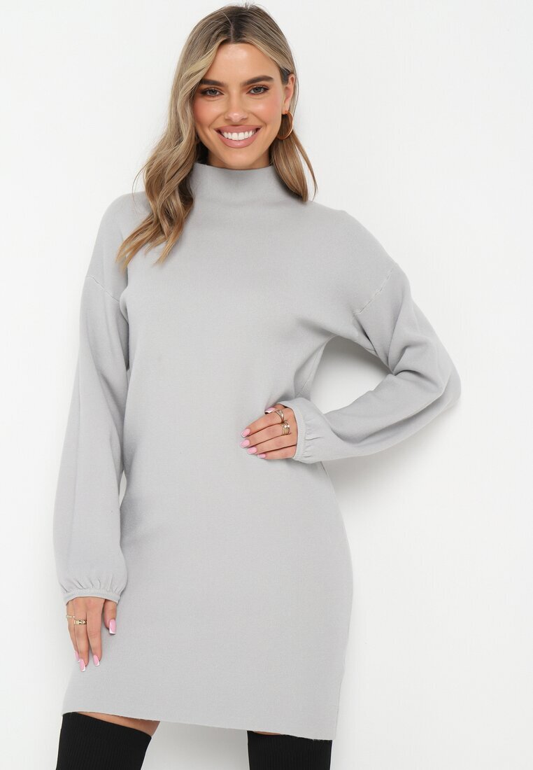 glo-story Rochie Mini Tip Pulover Gri Deschis din Tricot Neted Narel