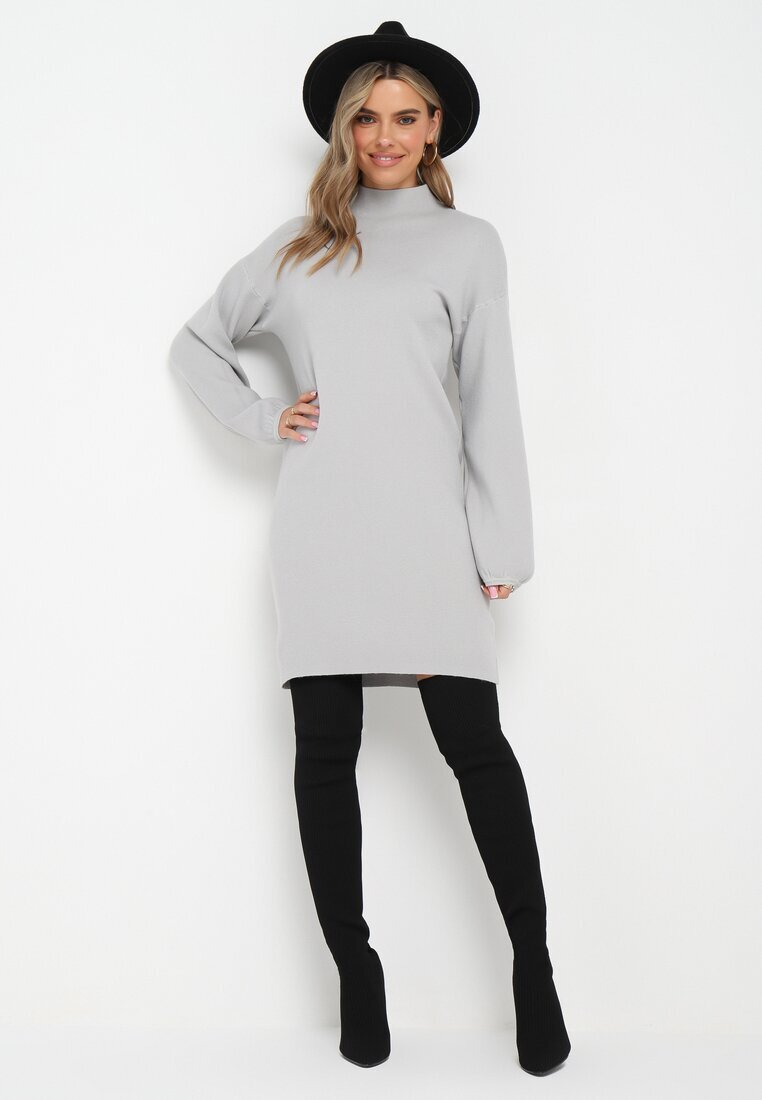 glo-story Rochie Mini Tip Pulover Gri Deschis din Tricot Neted Narel