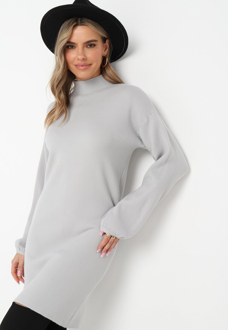 glo-story Rochie Mini Tip Pulover Gri Deschis din Tricot Neted Narel