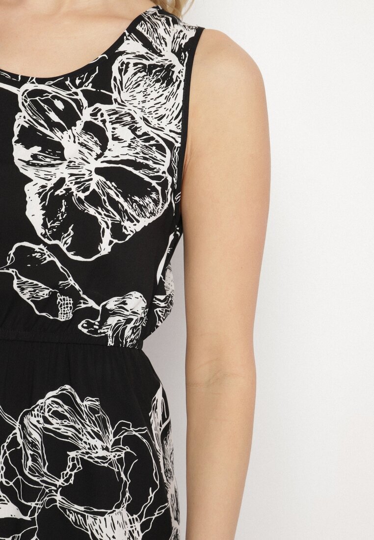 glo-story Rochie Neagră cu Imprimeu Floral cu Croi Cloș cu Elastic în Talie Neleldi