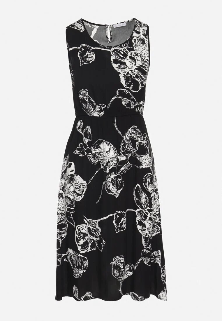 glo-story Rochie Neagră cu Imprimeu Floral cu Croi Cloș cu Elastic în Talie Neleldi