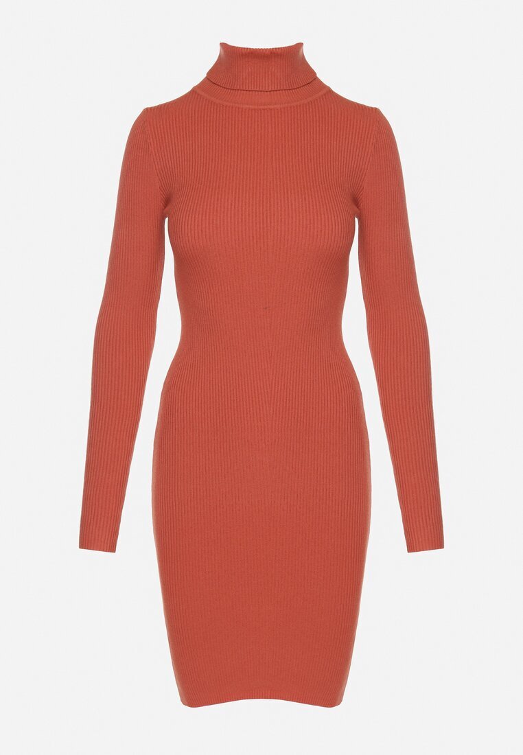 glo-story Rochie Portocalie Mulată din tricot reiat cu guler înalt Seralinda