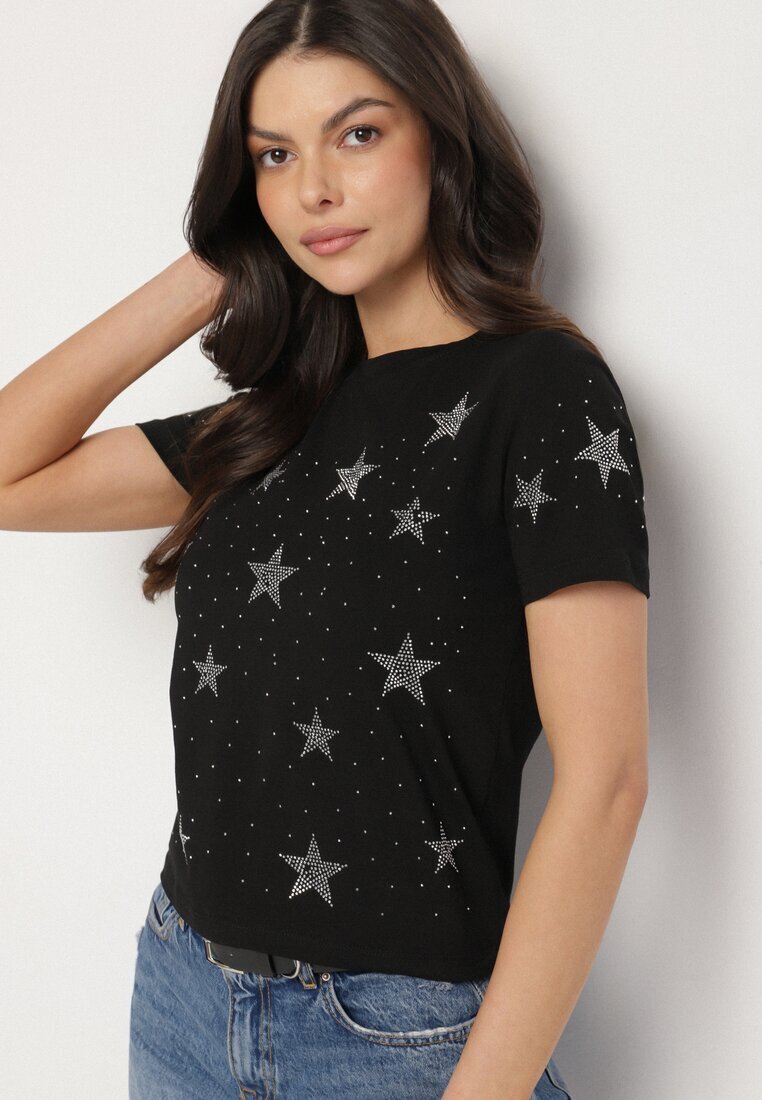 glo-story T-shirt Negru Din bumbac cu Aplicații din zirconiu cu stele Tenivella
