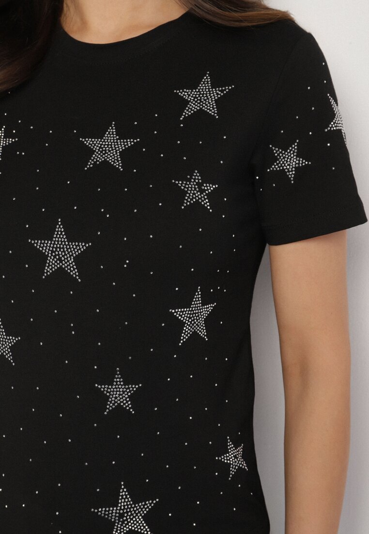 glo-story T-shirt Negru Din bumbac cu Aplicații din zirconiu cu stele Tenivella
