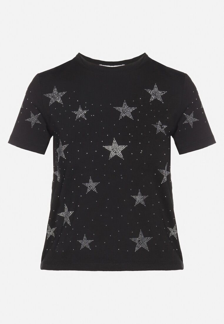 glo-story T-shirt Negru Din bumbac cu Aplicații din zirconiu cu stele Tenivella