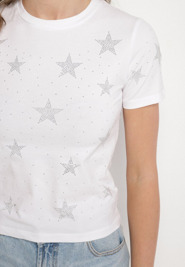 glo-story Tricou alb din bumbac cu aplicații cu stele din zirconiu Tenivella