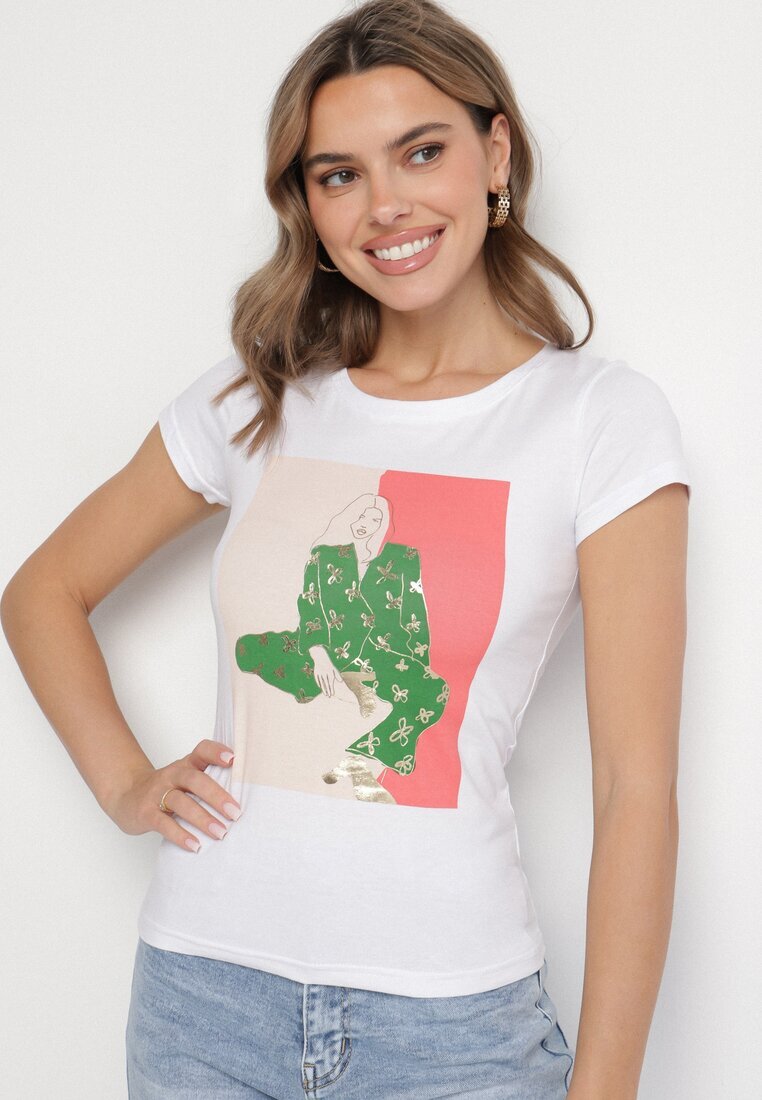 glo-story Tricou Alb din Bumbac cu Imprimeu Decorativ Setonisea