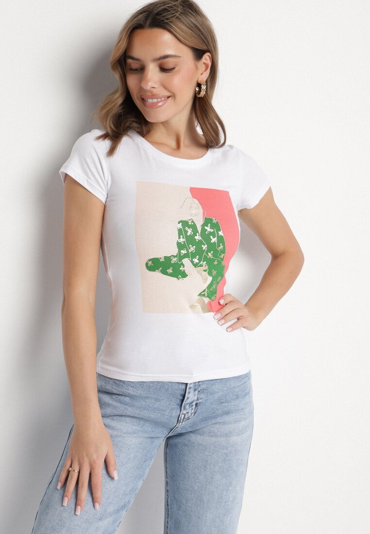 glo-story Tricou Alb din Bumbac cu Imprimeu Decorativ Setonisea