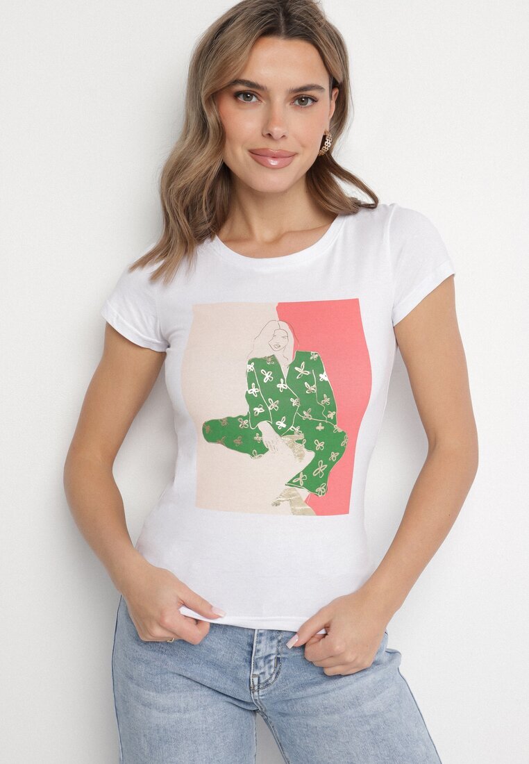 glo-story Tricou Alb din Bumbac cu Imprimeu Decorativ Setonisea