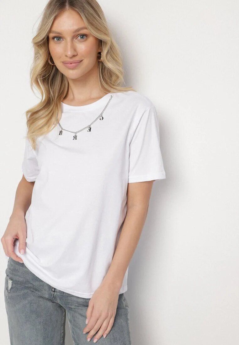 glo-story Tricou Alb din bumbac cu lănțișor detașabil care imită colier Mohna