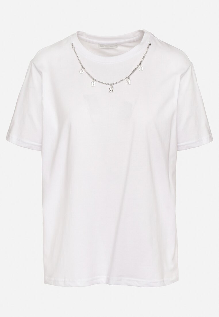 glo-story Tricou Alb din bumbac cu lănțișor detașabil care imită colier Mohna