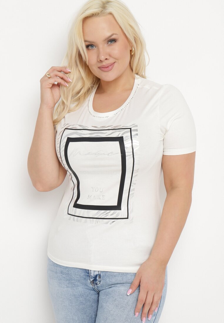 glo-story Tricou Alb Din Bumbac cu Mânecă Scurtă Decorat cu Imprimeu și cu Zirconii Codara