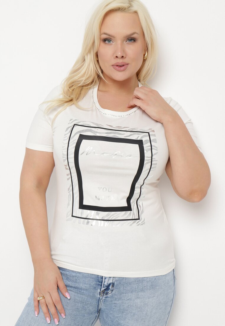 glo-story Tricou Alb Din Bumbac cu Mânecă Scurtă Decorat cu Imprimeu și cu Zirconii Codara