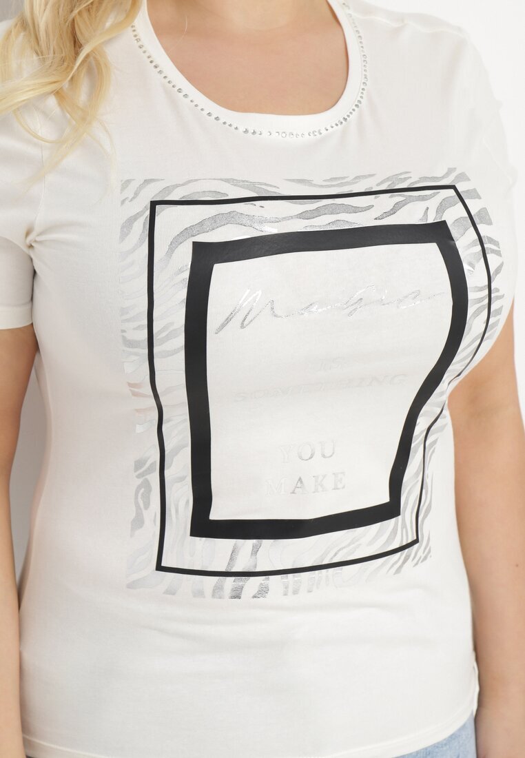 glo-story Tricou Alb Din Bumbac cu Mânecă Scurtă Decorat cu Imprimeu și cu Zirconii Codara