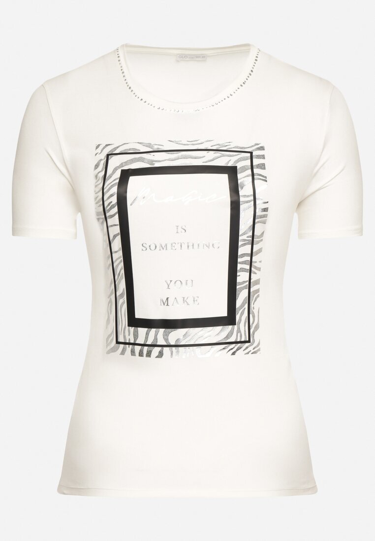 glo-story Tricou Alb Din Bumbac cu Mânecă Scurtă Decorat cu Imprimeu și cu Zirconii Codara