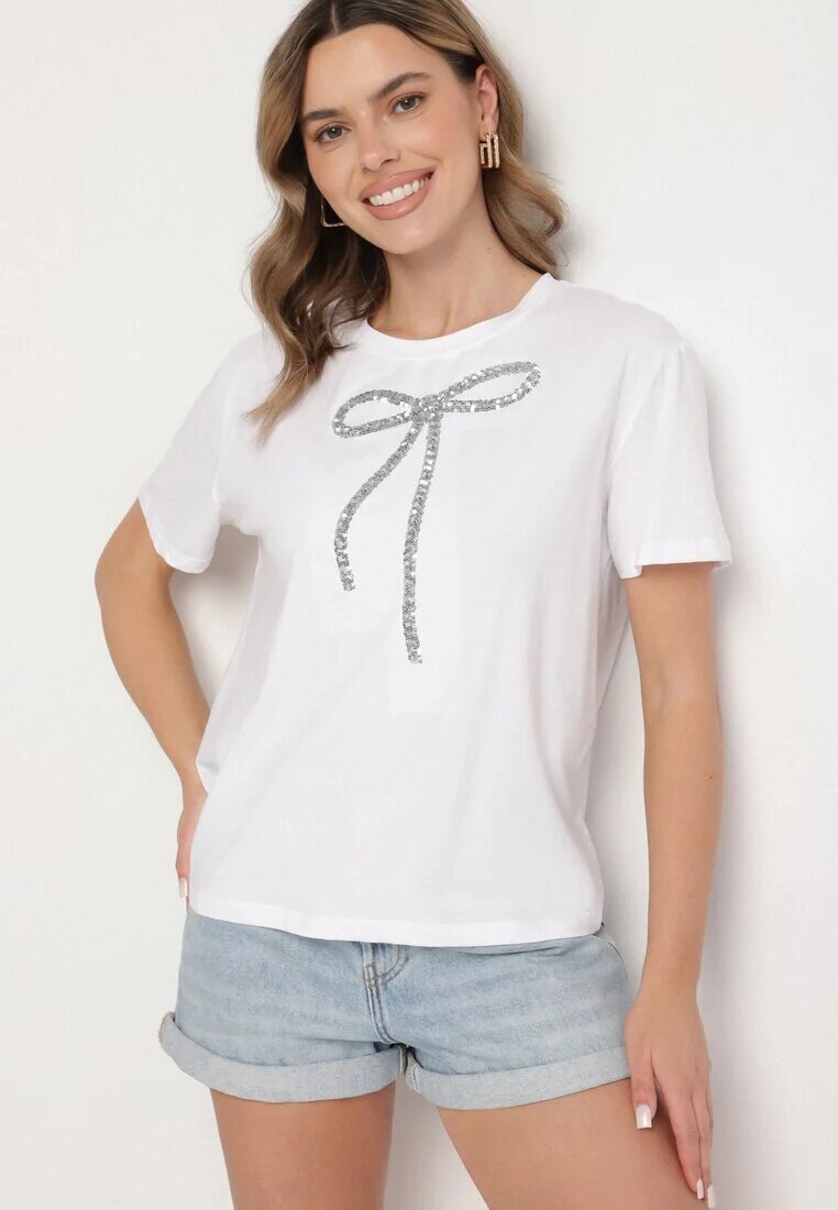 glo-story Tricou Alb Oversize din Bumbac Decorat cu Fundă cu Paiete Tenesela