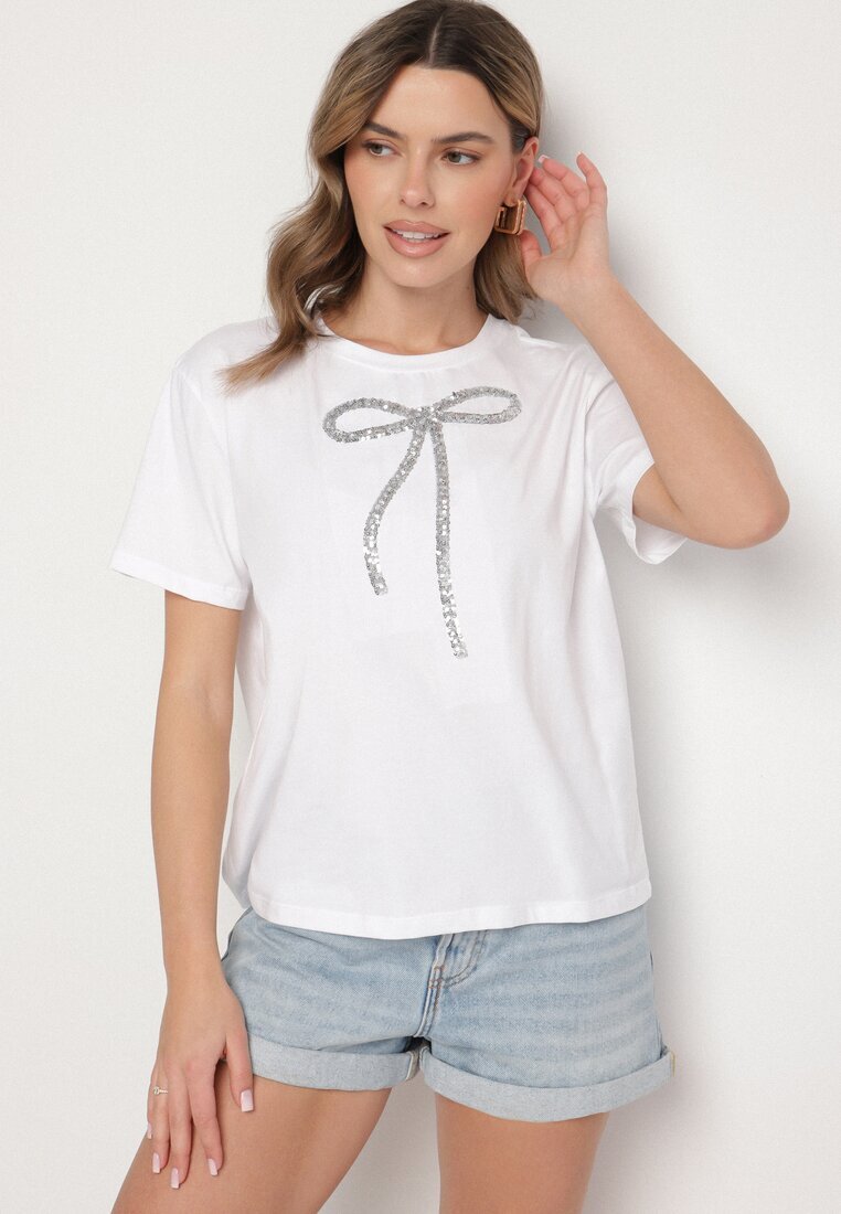 glo-story Tricou Alb Oversize din Bumbac Decorat cu Fundă cu Paiete Tenesela