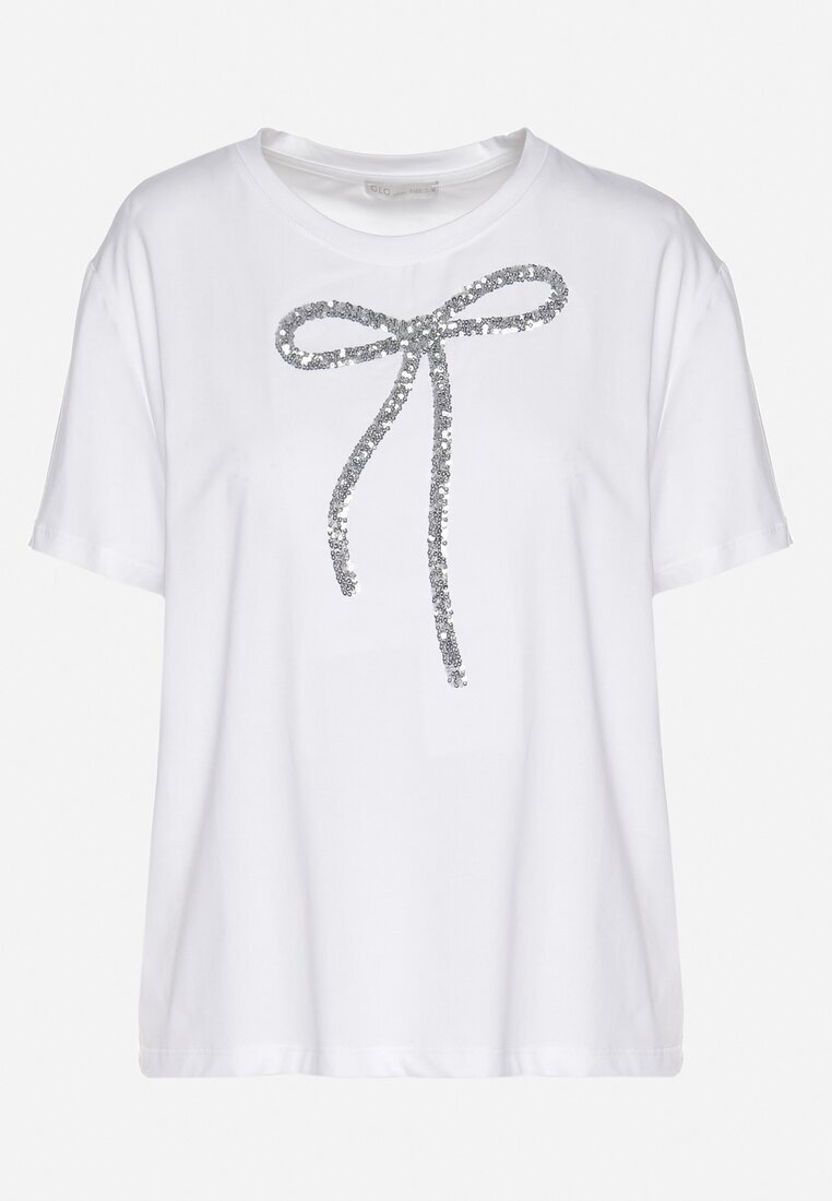 glo-story Tricou Alb Oversize din Bumbac Decorat cu Fundă cu Paiete Tenesela