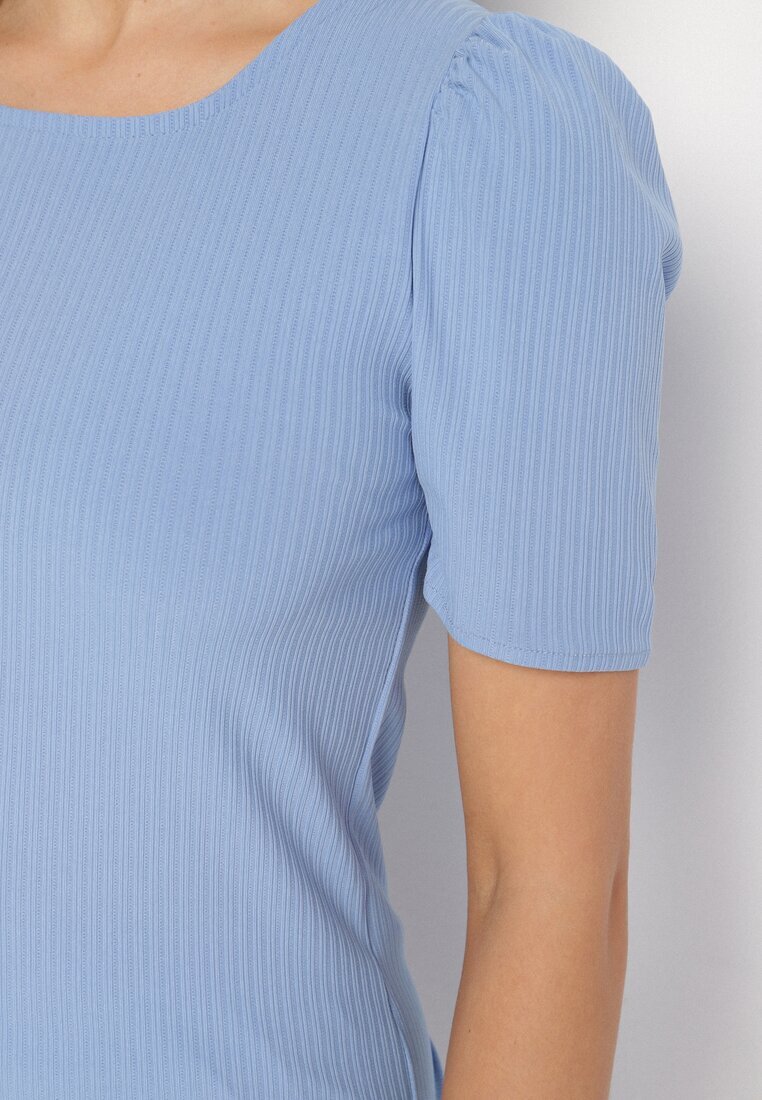 glo-story Tricou Albastru Reiat cu Pliuri la Mâneci Kolanovia
